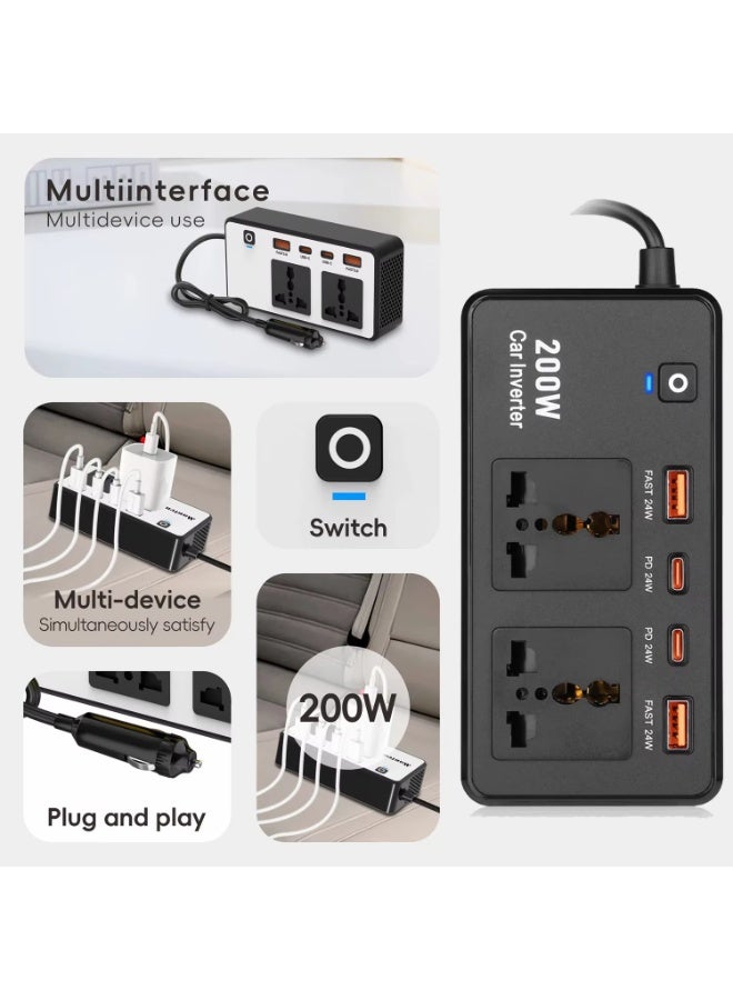 200W Car Inverter 12V DC to 220V AC Power Adapter – Includes 2 USB-A & 2 Type-C Ports for Laptop, Computer, Smartphones – Compact and Portable Power Converter for Car Travel, Home & Office - Image 2